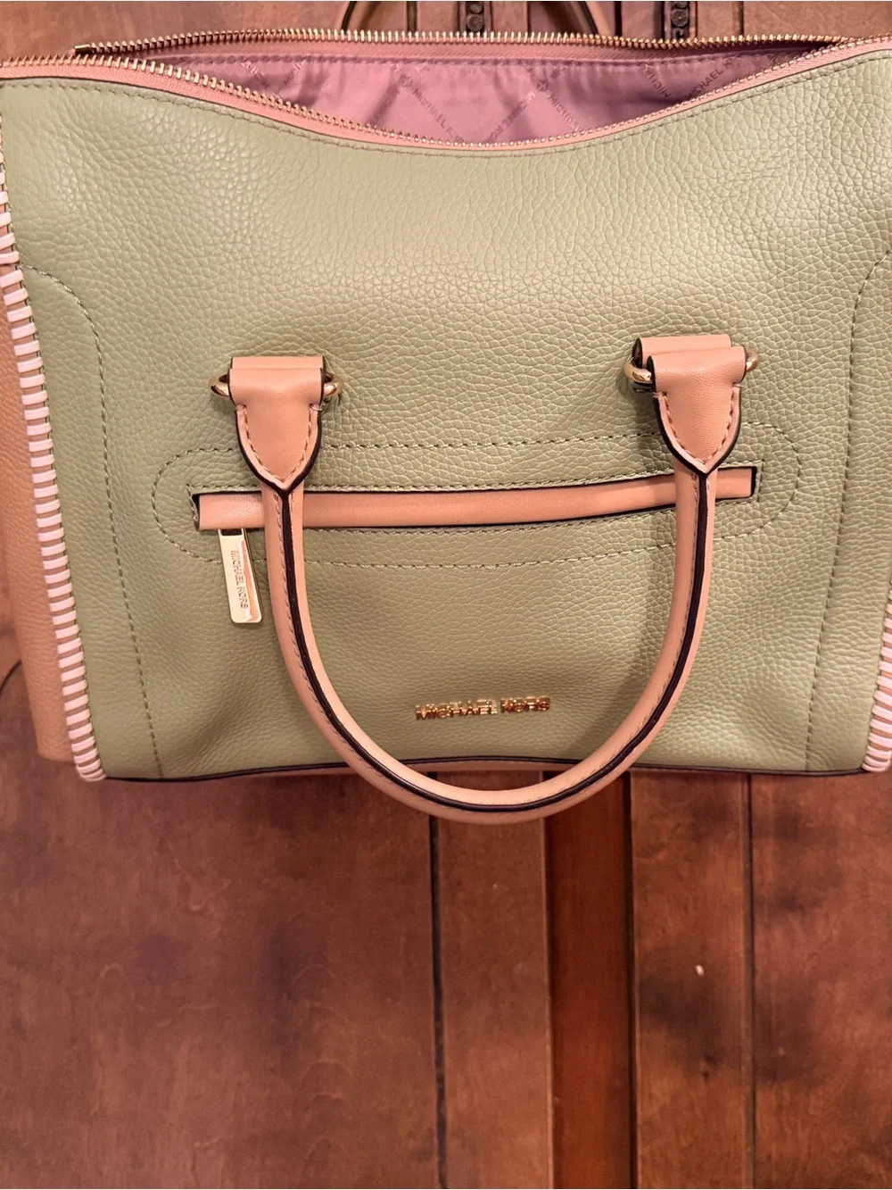 Michael Kors Green and Tan Leather Tote Bag